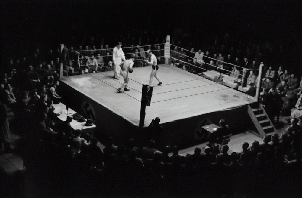 grayscale photo of boxing game