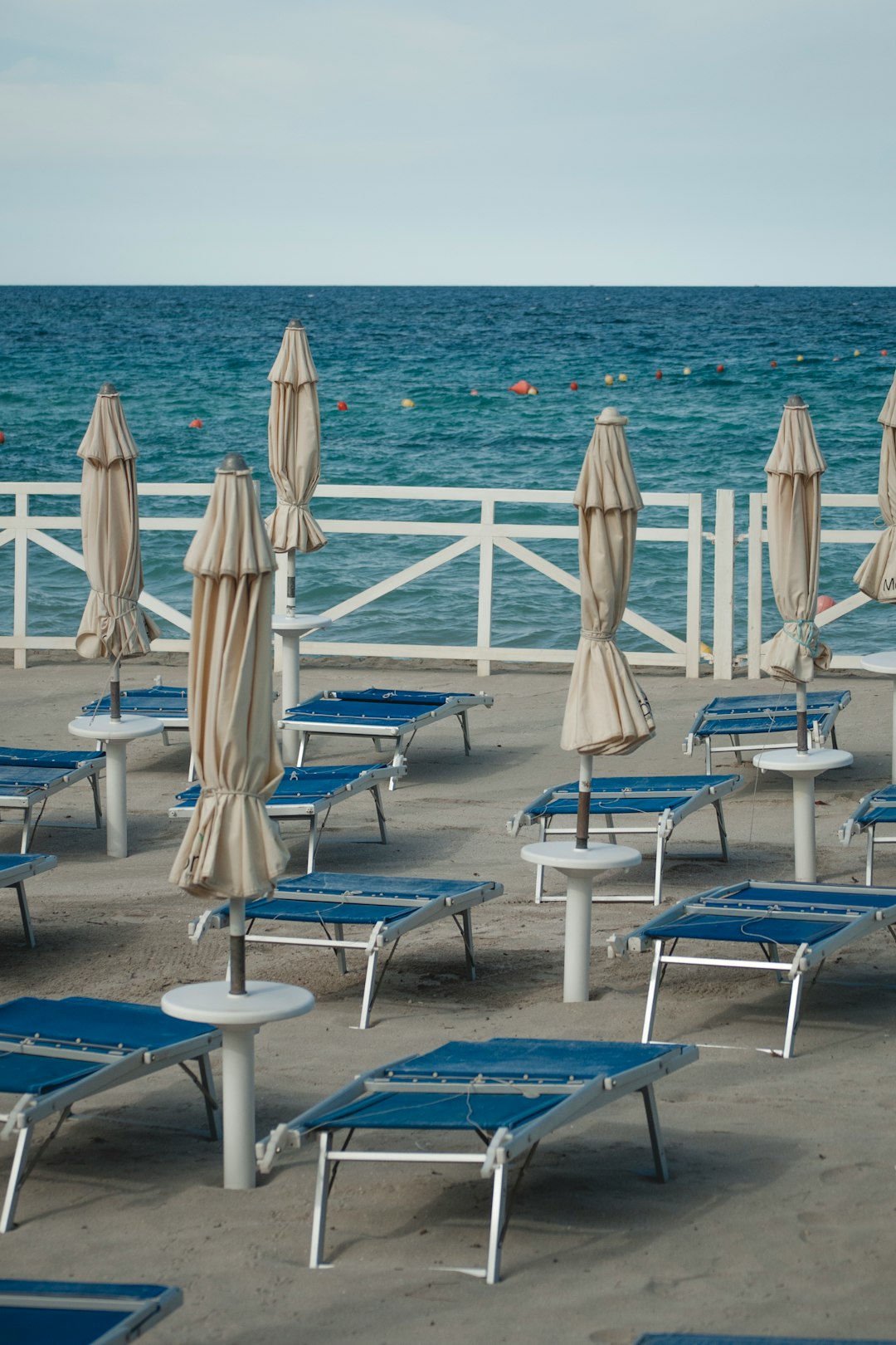 blue chairs beside umbrellas