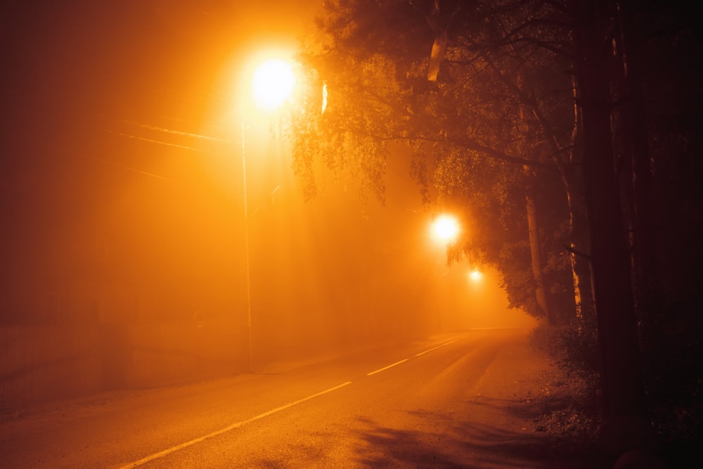 turned-on yellow street lights near street