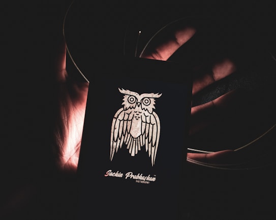 A stylized owl illustration is featured prominently on a dark background, likely a screen of a device being held within a hand. The surrounding area is dimly lit, with subtle highlights creating a mysterious atmosphere.