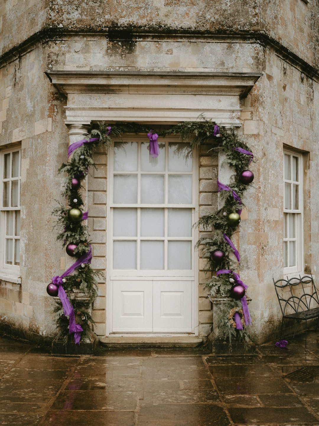 purple baubles around door