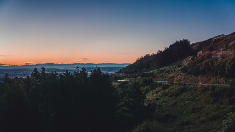 Vue de la pente d’herbe par les montagnes pendant l’heure dorée