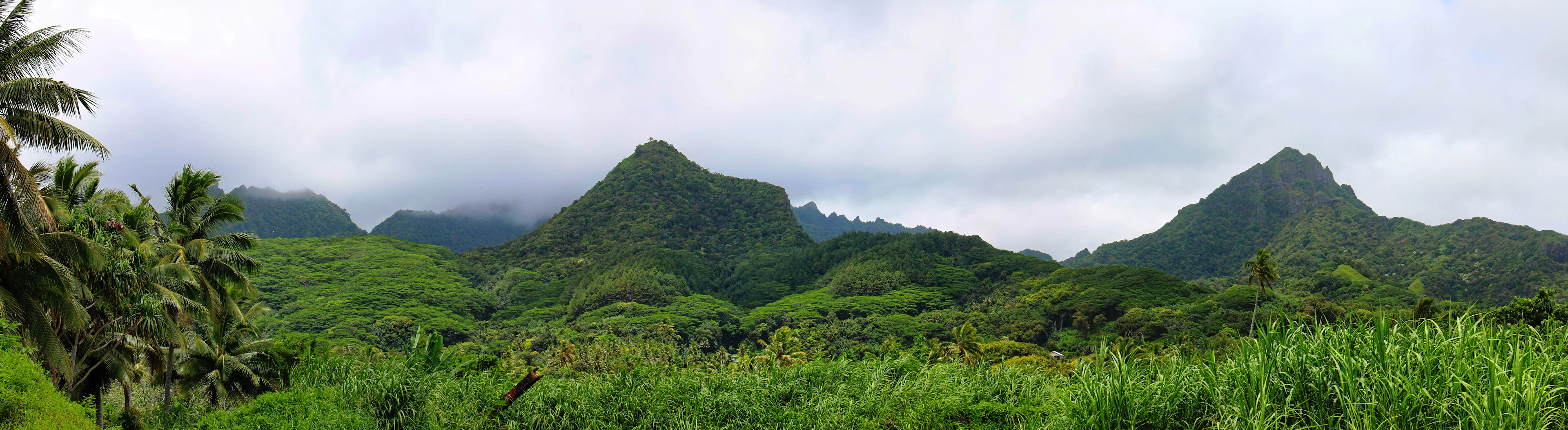 Rarotonga's green, forested mountain peaks beneath the clouds