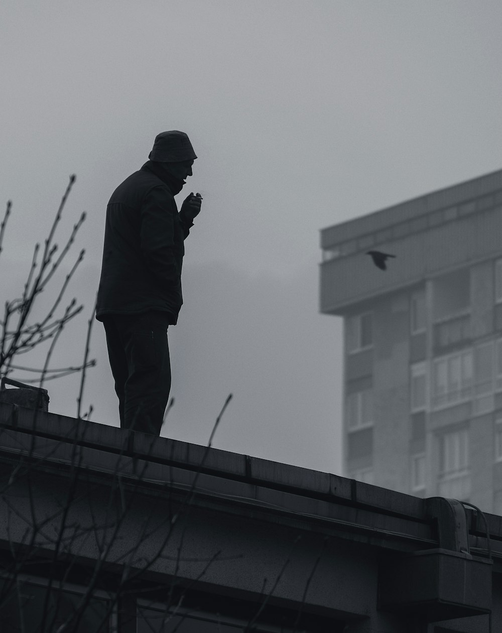 silhouette of man on roof