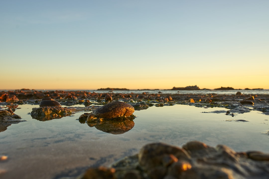 panoramic photography of rocks on shore during golden hour