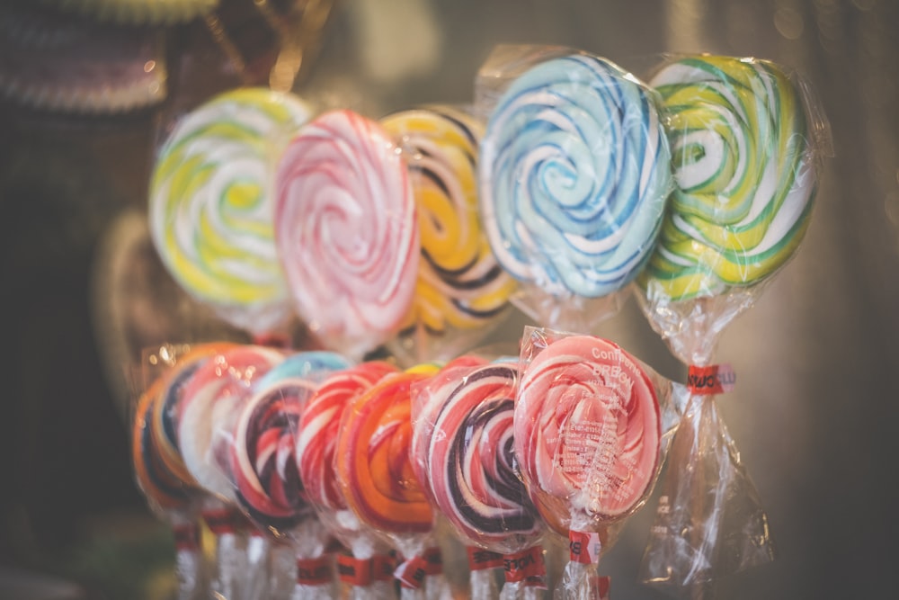assorted-color lollipops in macro photography