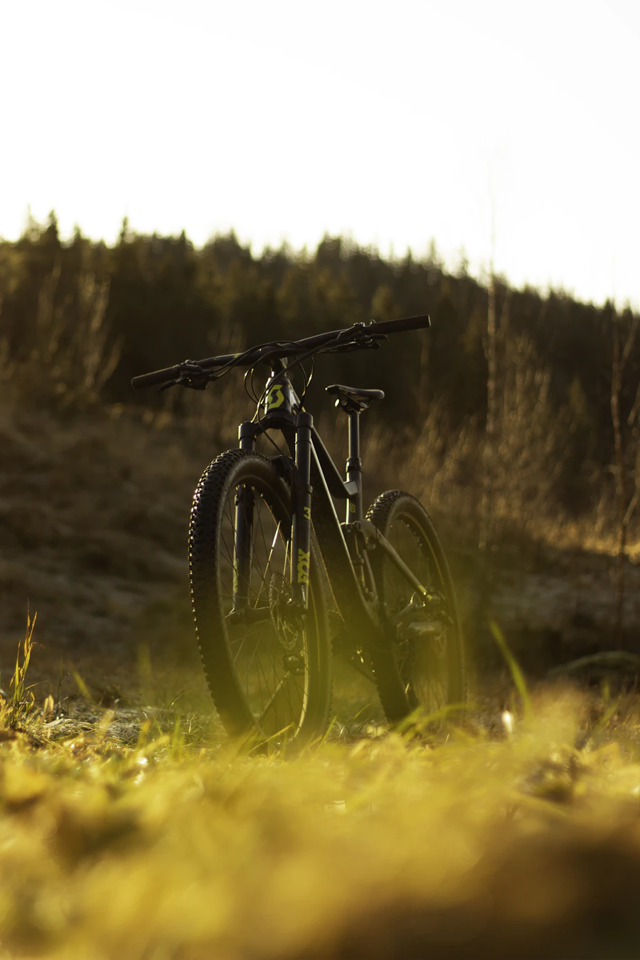 Mountain bike parada na grama ao pôr do sol