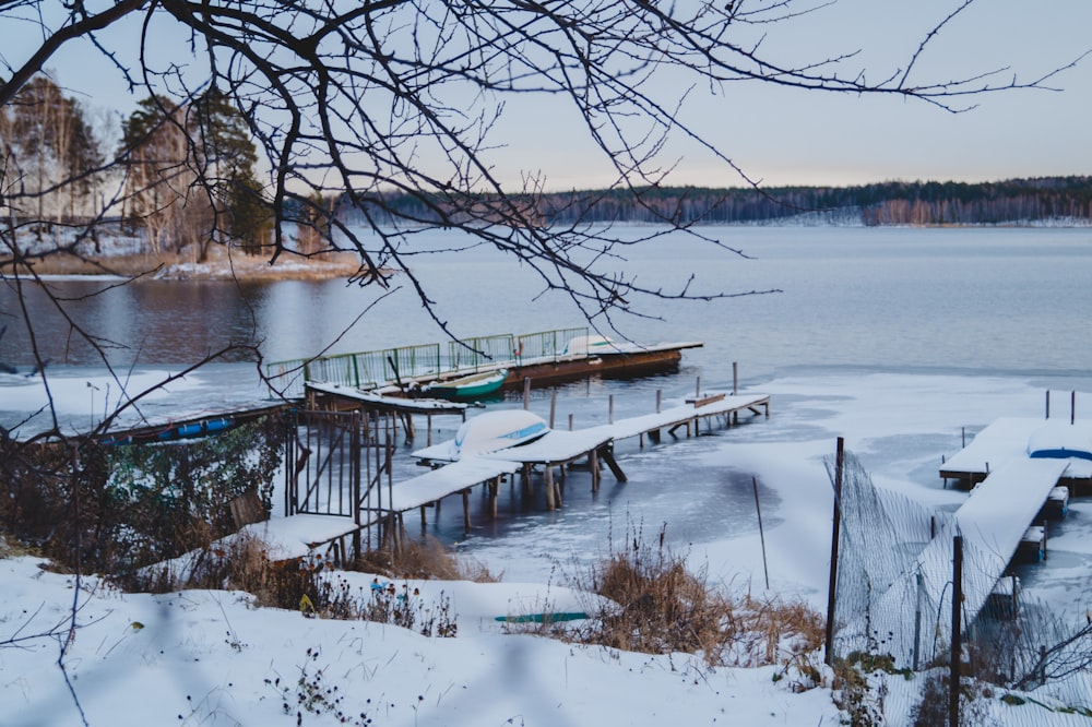 snow covered dock at daytim