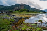 A historic castle sits majestically on the edge of a reflective loch, surrounded by rugged rocks and lush greenery. The sky is overcast with thick clouds, adding a dramatic aura to the scene. In the foreground, patches of vibrant moss and grass are interspersed among the rocky terrain.