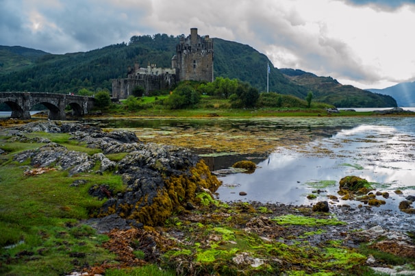 A historic castle sits majestically on the edge of a reflective loch, surrounded by rugged rocks and lush greenery. The sky is overcast with thick clouds, adding a dramatic aura to the scene. In the foreground, patches of vibrant moss and grass are interspersed among the rocky terrain.