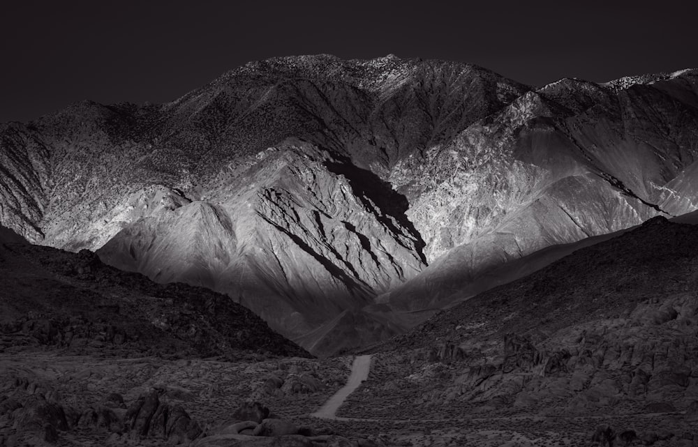 grayscale photography of mountain