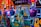 Mannequins displaying casual clothing are positioned inside a vibrant store window. The background is filled with colorful neon signs and lights, creating a bright and dynamic atmosphere. The mannequins are dressed in shorts and polo shirts, showcasing different styles and colors.