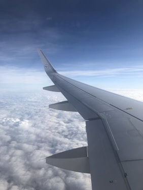 A sleek airplane soaring above a landscape that transitions from rich brown earth to clear blue sky.
