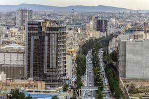 A bustling urban landscape featuring a high-rise building under construction in the foreground, surrounded by numerous apartment complexes and commercial buildings. A busy street with cars runs through the city, lined with trees on both sides. The skyline is dotted with cranes, indicating ongoing development, against a backdrop of distant mountains.
