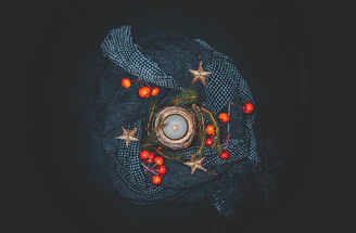 black and gray scarf with red cherries