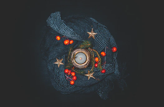 black and gray scarf with red cherries