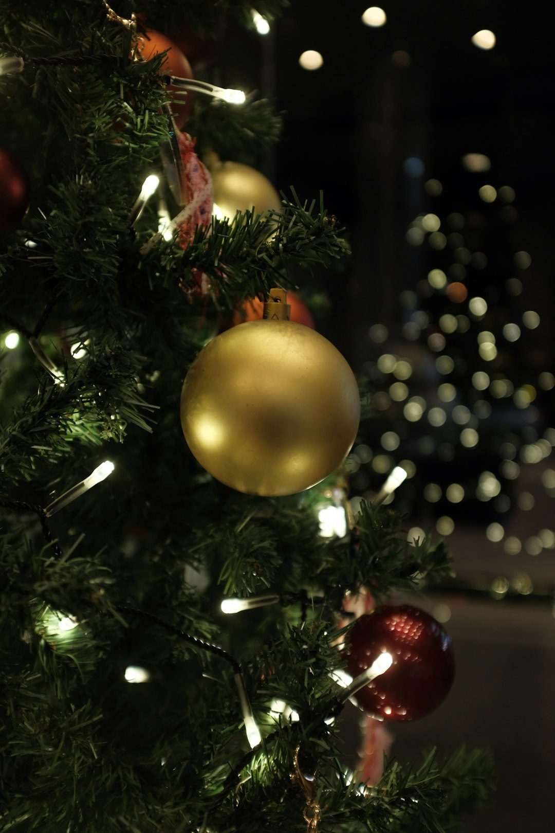 baubles on green Christmas tree