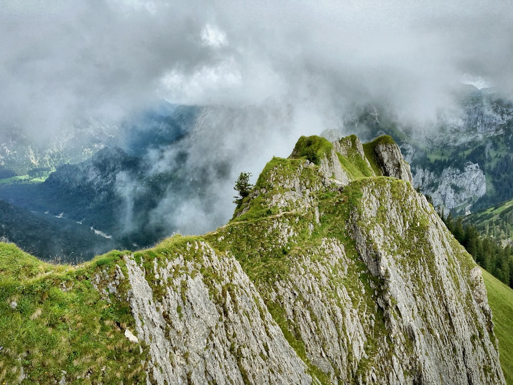aerial photography of mountain cliff in foggy day