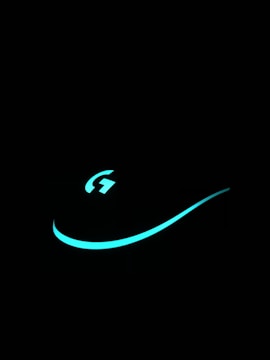 The image displays a glowing cyan logo resembling the letter 'G' on a predominantly black background. A sleek, curved line extends from the logo, emitting a faint glow.