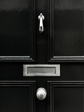 A sleek modern front door with a matte black finish and frosted glass panels.
