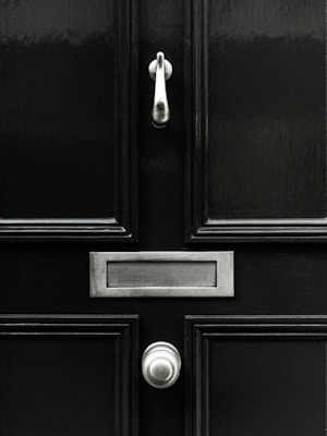 A black door with a metallic mail slot, door knocker, and round door knob, all made of silver metal. The door features a simple, rectangular panel design with a glossy finish.