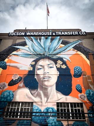 A large mural painted on the side of a building that reads 'Tucson Warehouse and Transfer Co.' The mural depicts a woman with long dark hair adorned with yellow flowers and a large agave plant on her head. The background features an orange and blue color scheme with abstract shapes and cactus elements. An American flag is visible on top of the building.