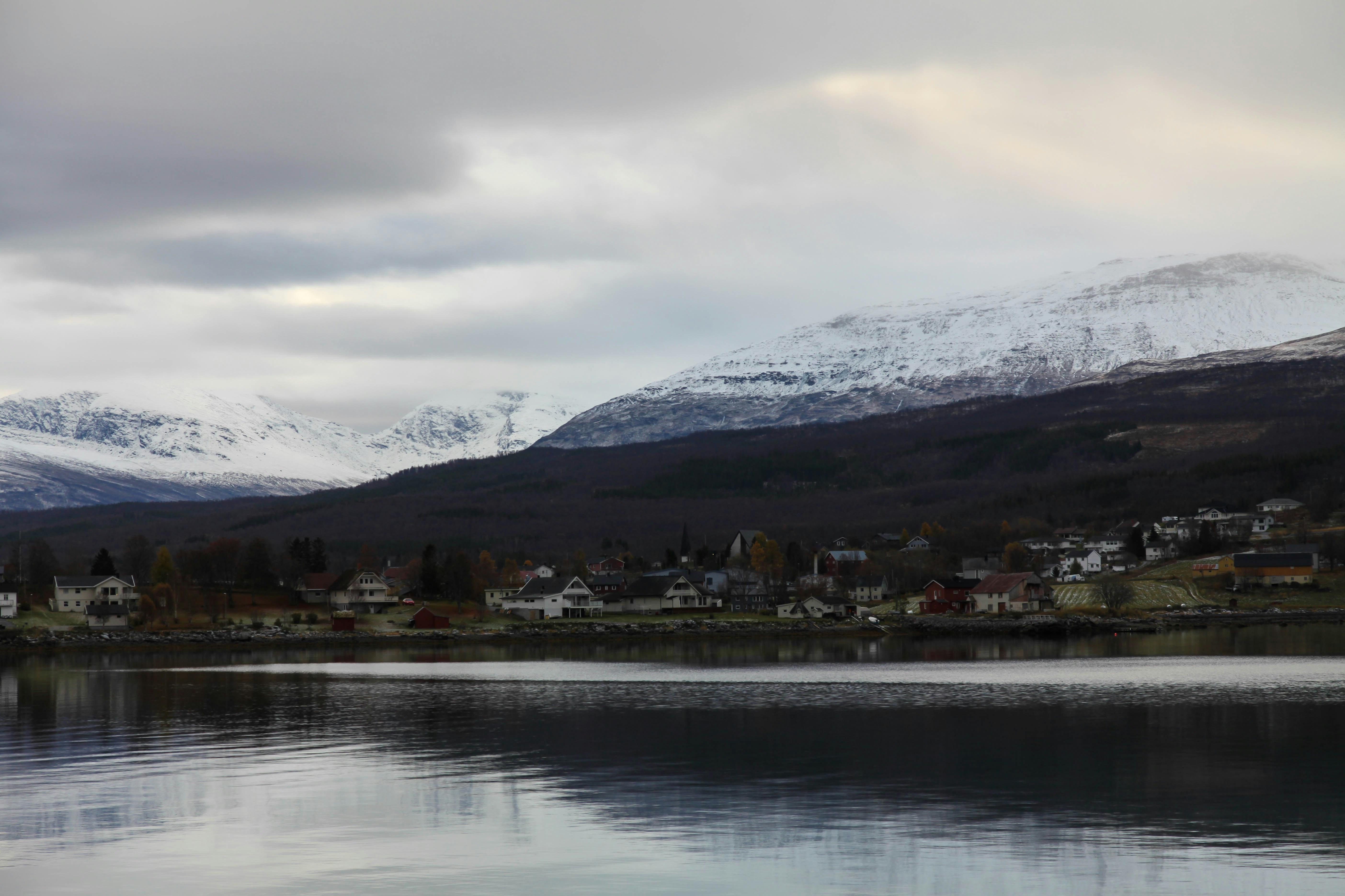 雪をかぶった山の近くの水域