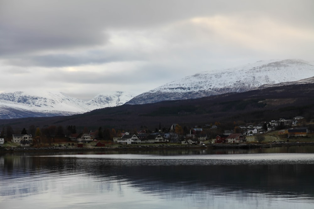 body of water near snow capped mountain