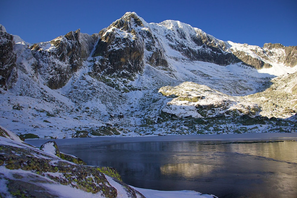 lake near mountain with snow