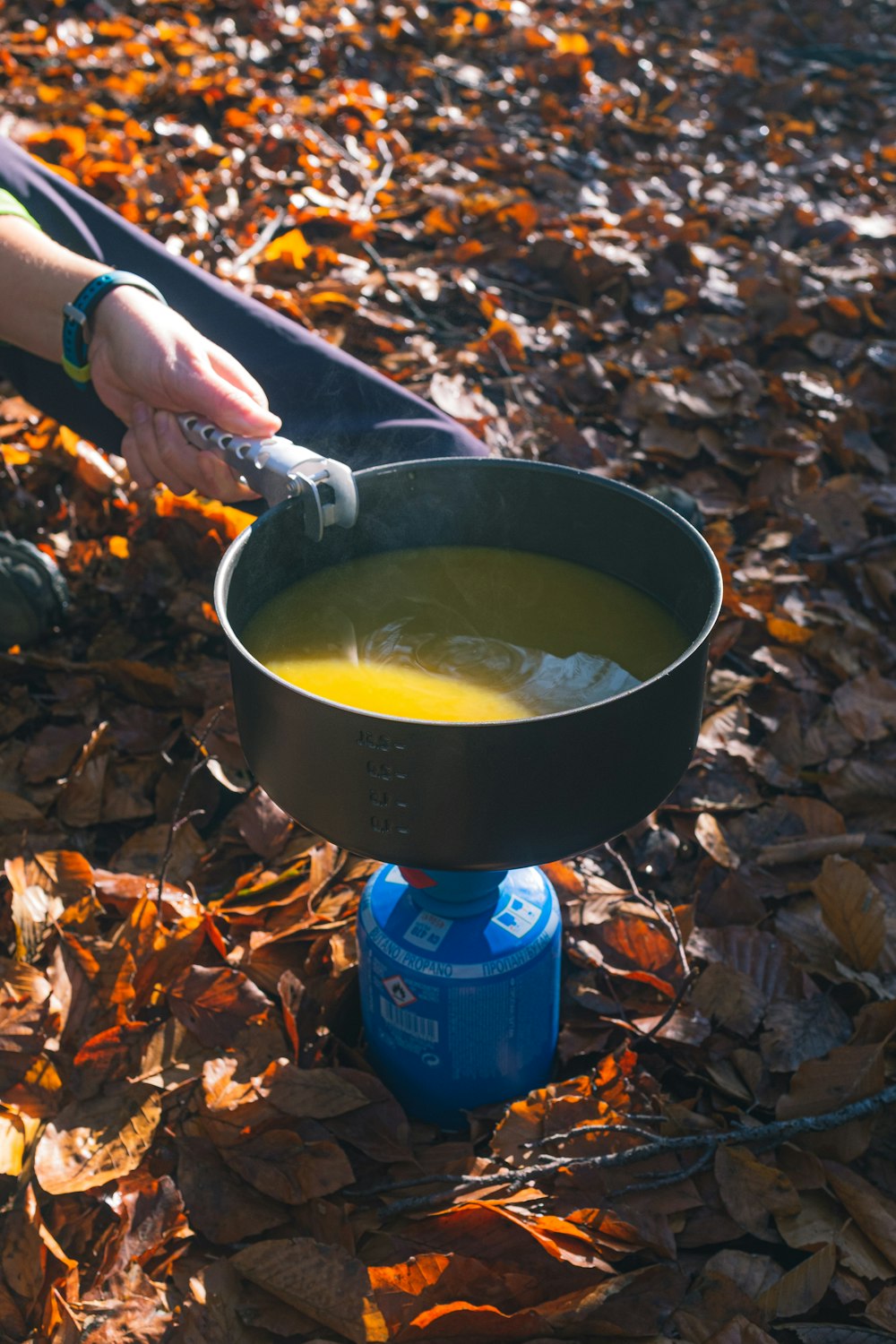 black pot on blue portable stove