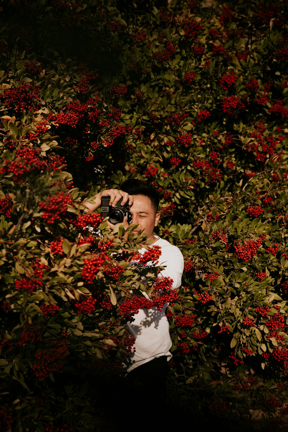man taking photo beside green-leafed tree