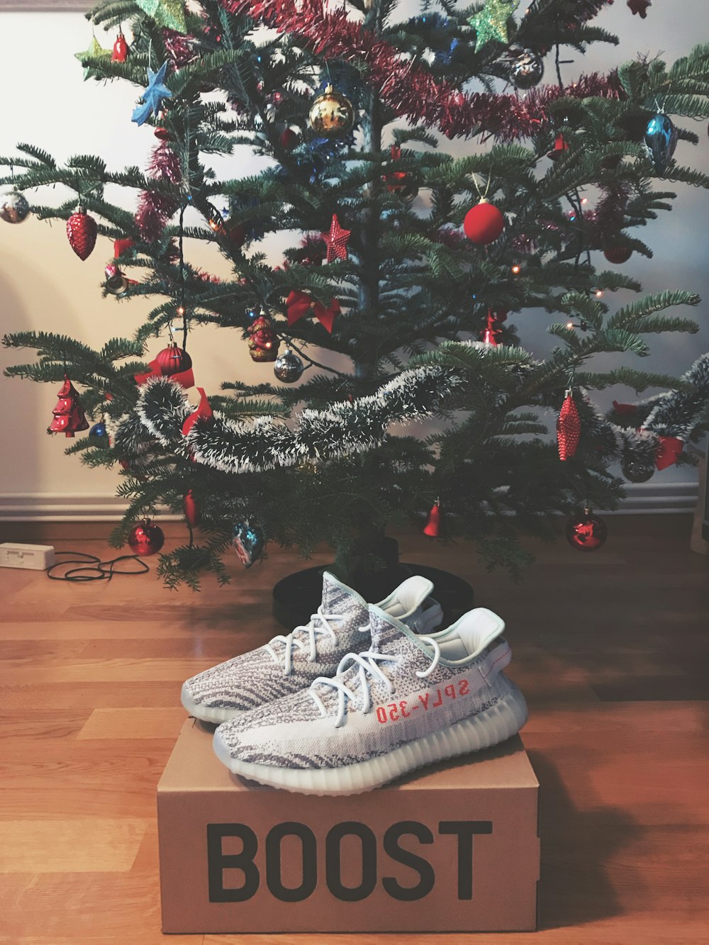 white-and-gray Adidas Yeezy Boost 350 V2 shoes with box