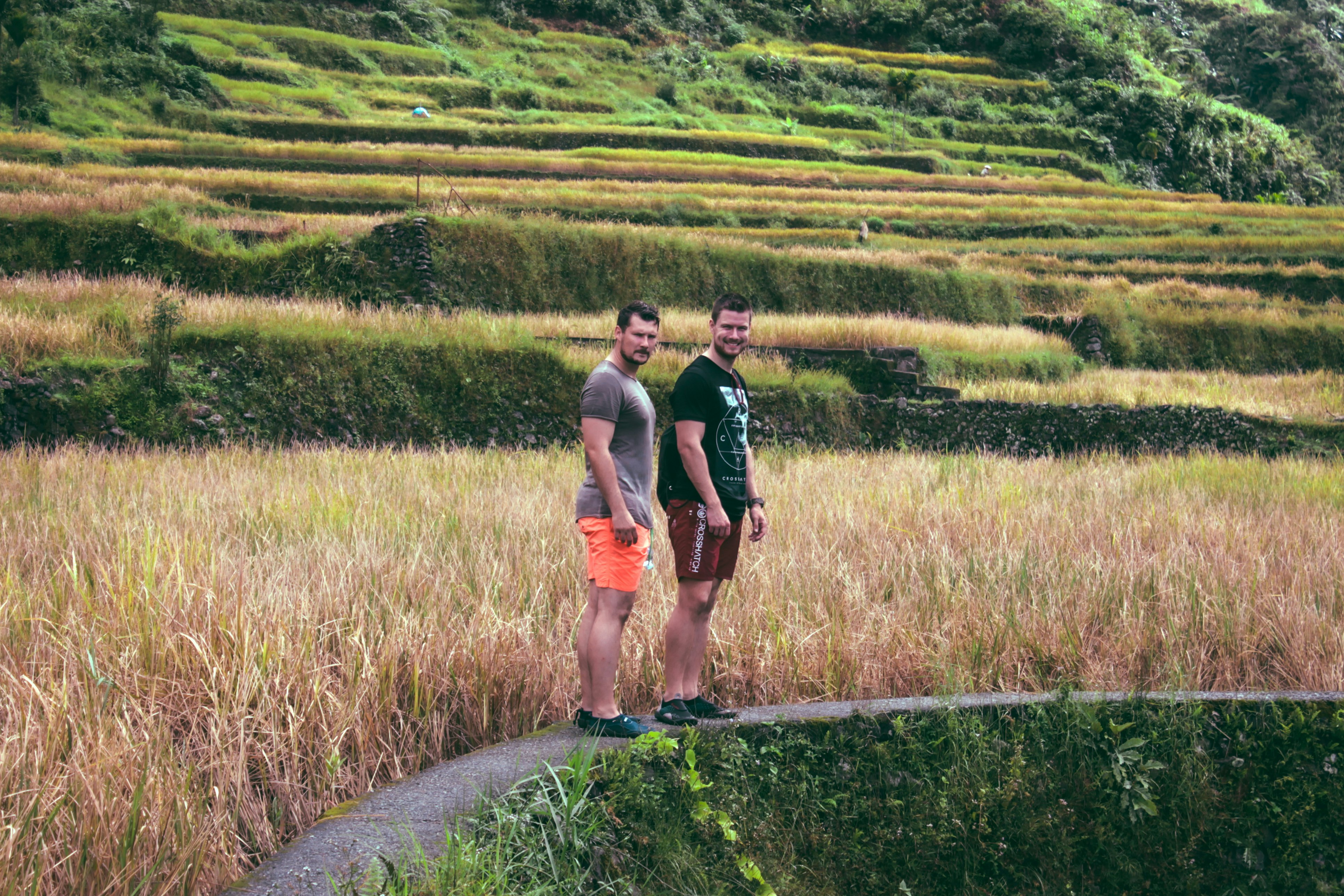 two man standing on pathway near grass and mountain