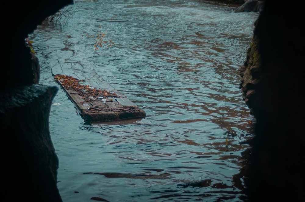 rectangular brown board on body of water