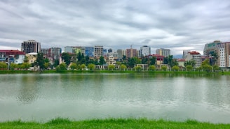 A lakeside cityscape with a view of modern and traditionally styled buildings. The scene includes a body of water in the foreground, lined with lush green grass. Trees and vegetation are visible between the lake and the buildings, which vary in color and height. The sky is overcast, casting soft reflections on the water.