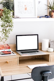 An elegant workspace with a minimalist desk and decorative plants.
