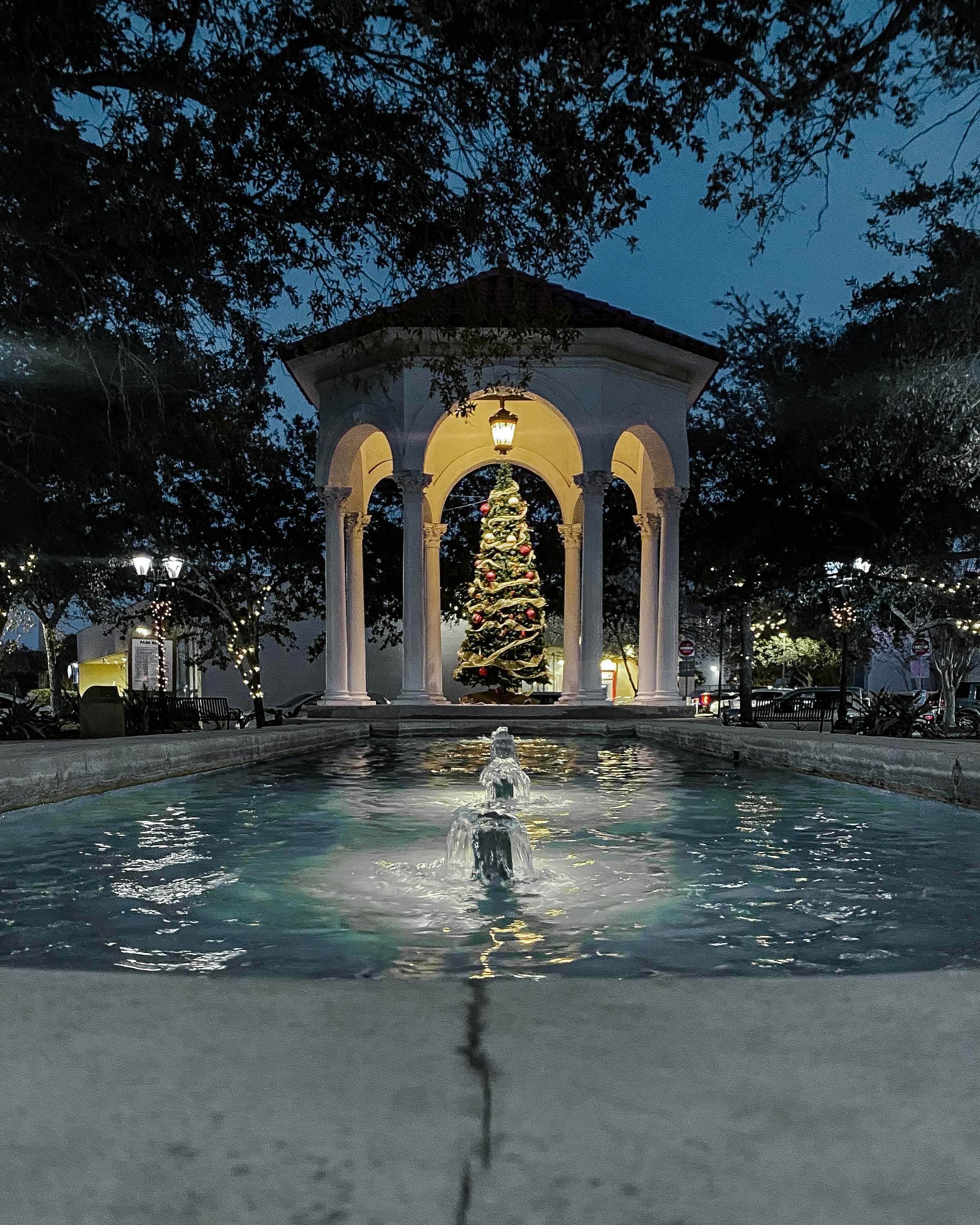 Christmas tree in gazebo near pool