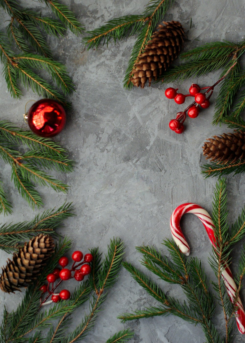 flat lay photography of pine cones, candy cane, green spruces, and mistletoes