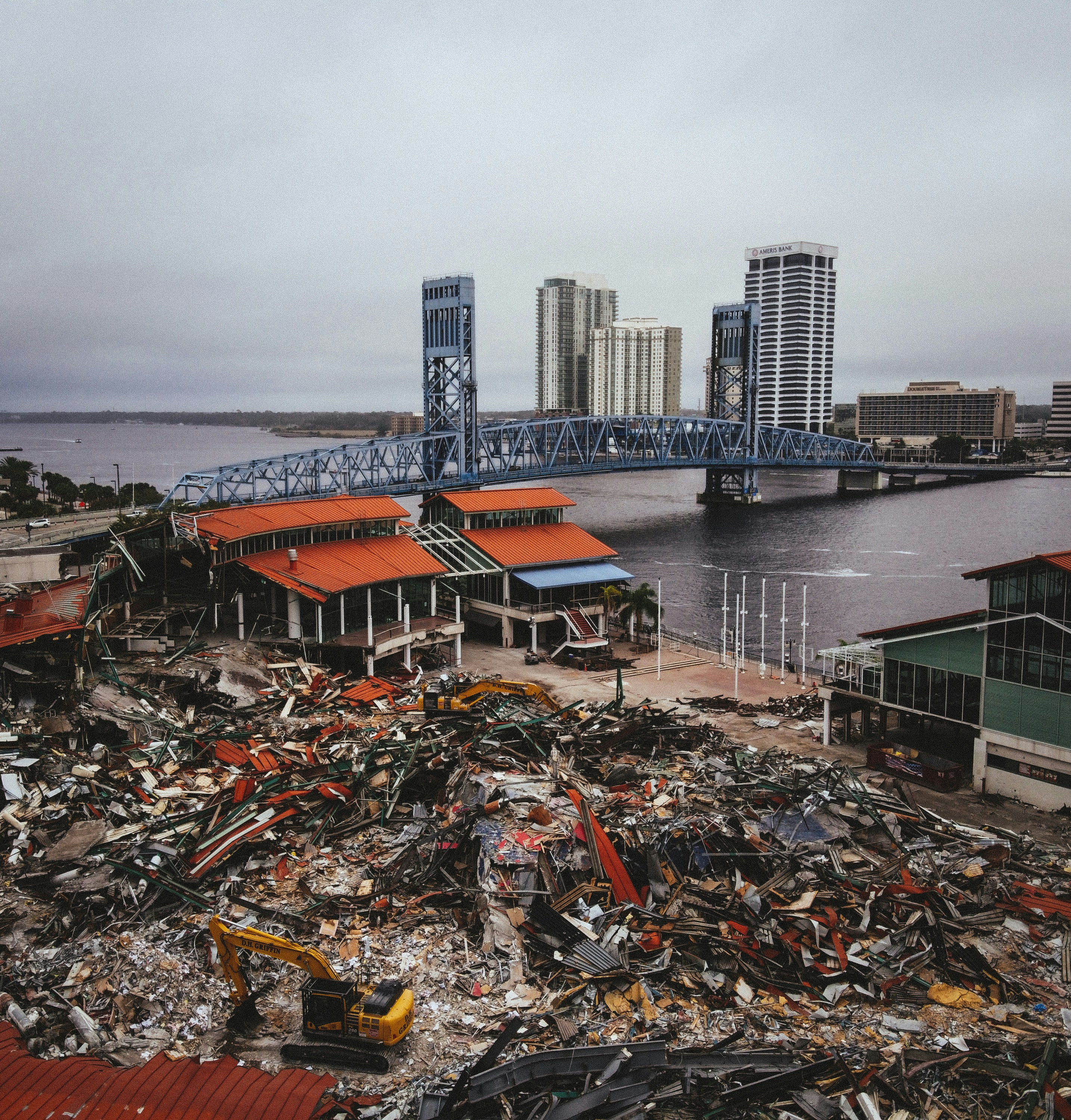 Jacksonville Landing demolition with bridge view