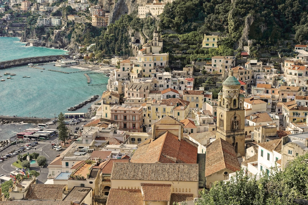 aerail view of brown houses near sea during daytime