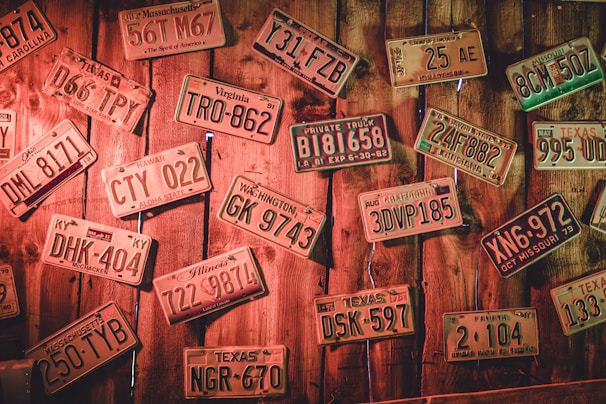 A collection of vintage license plates from various American states, affixed to a rustic wooden wall. The plates display a range of designs and colors, with the wood background creating a nostalgic, retro atmosphere.