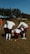 A group of individuals in athletic attire are huddled together on a grass field, possibly strategizing for a flag football game. They wear red and black flag belts and white shirts, with their attention focused inward. The surrounding area shows a sunny day with trees in the background and a clear blue sky.
