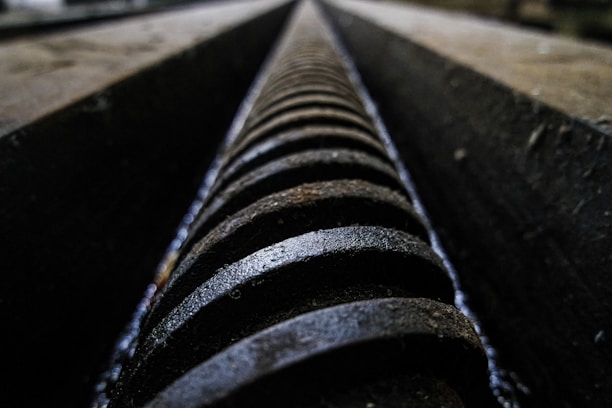 A close-up view of a large, industrial screw thread situated between two metal tracks. The focus is on the textured, rusted surface of the thread, conveying a sense of industrial machinery and wear over time.