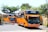 Two large orange tour buses are parked on a paved area surrounded by greenery. The buses have prominent designs on the front and are marked with names like 'Young Guns'. Lush trees and plants can be seen around the area, creating a vivid contrast with the buses.