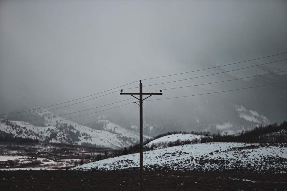 a telephone pole in the middle of a snowy field