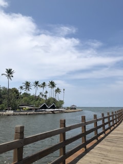 A wooden boardwalk extends over a calm body of water, leading towards a small gazebo in the distance. Tall palm trees line the shore, accompanied by rustic buildings nestled within lush greenery. The scene is under a clear blue sky with some scattered clouds.