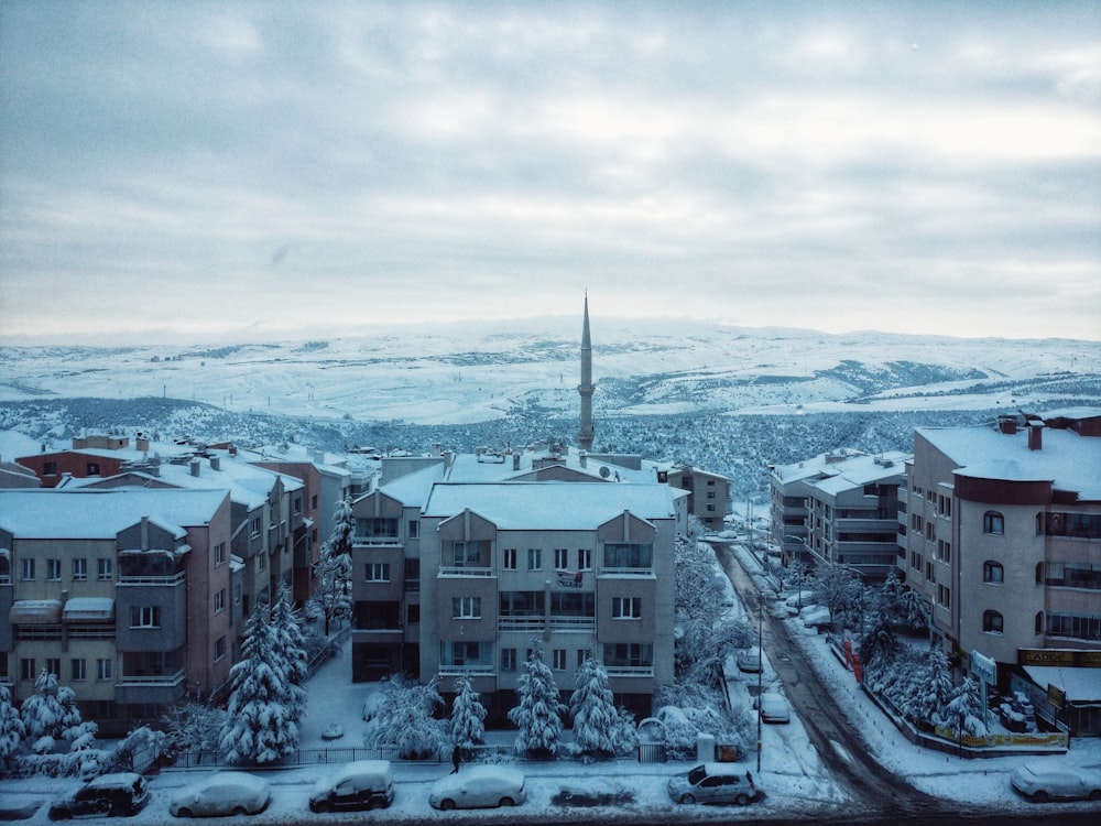 aerial photograph of buildings during winter