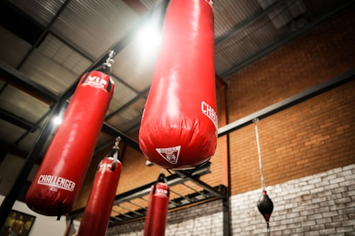 The image depicts several red punching bags hanging from the ceiling of a gym. The bags are branded with the name Challenger. They are suspended from black metal frames, and the gym walls are made of brick and painted white.