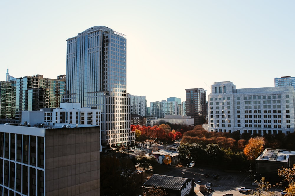 a view of a city with tall buildings