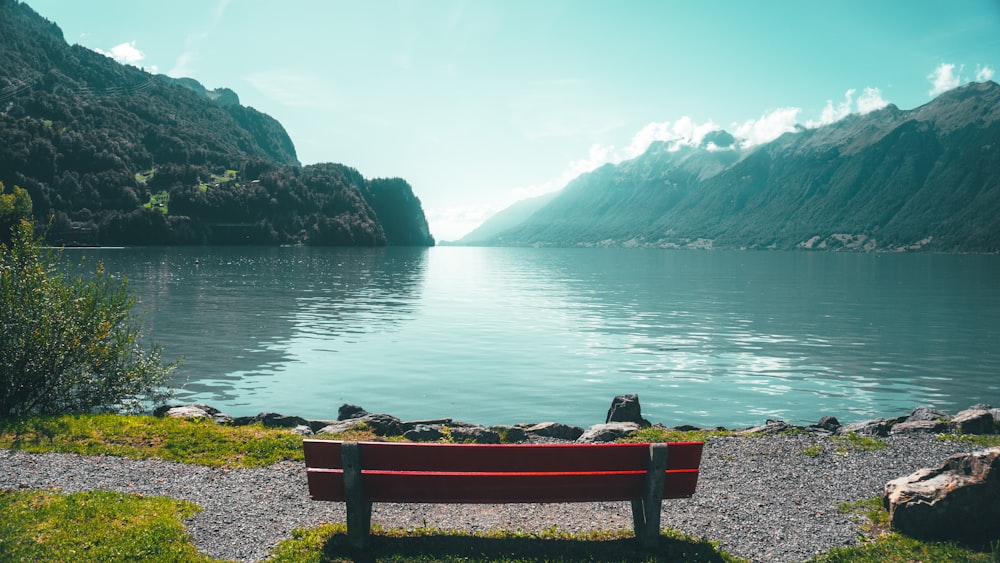 brown bench beside body of water